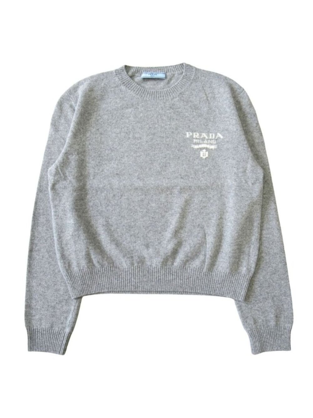 Prada Cashmere Blend Knit Sweater Top Long Sleeve Intarsia Logo 38 Gray